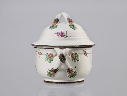 Vase with lid, Prószków Slaski faience factory; 1763–1853, floral decorations, soup tureen, roses,