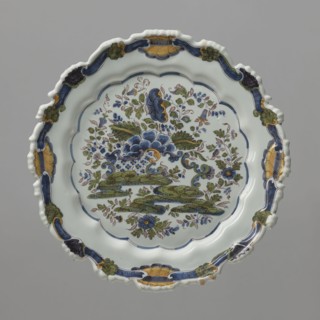 Plate, faience factory Pasquale Antonibon active 1670–1884 maker, reclaimed provenance. Round,