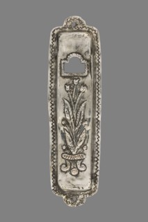 Mezuzah, Judaica; rectangular profiled sheet of low-grade silver edged with a flat ribbon decorated