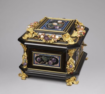 Jewel box, pietra dura technique. Made of blackened wood, partly ebony, cuboid with chamfered