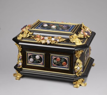 Jewel box, pietra dura technique. Jewel box made of blackened wood, partly ebony, cuboid with