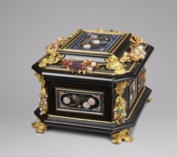 Jewel box, pietra dura technique. Jewel box made of blackened wood, partly ebony, cuboid with