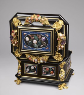 Jewel box, pietra dura; made of blackened wood, partly ebony, cuboid with chamfered corners