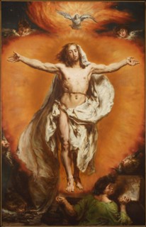 Ascension, Jan Matejko 1838–1893. Against the background of a red-orange burning heart, a youthful