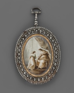 Classicizing genre scene medallion by an unknown painter. Two women in a chamber interior with