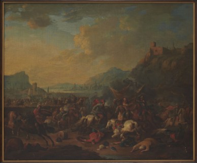 Skirmish against the backdrop of a mountainous landscape; Rubens, Arnold Frans 1687–1719, painter;
