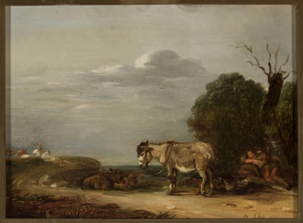 Landscape with a Donkey, Monogramist AD artist unknown, Rural Landscape. In the foreground, a road