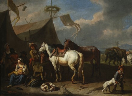 A scene in a military camp with a woman feeding a child and a boy playing with a dog; painter: