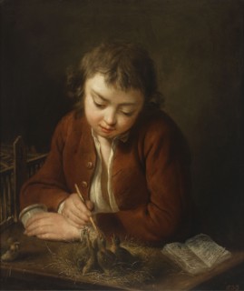Boy Feeding Chicks, Charpentier, Jean-Baptiste 1728–1806, French painting, genre scene in the