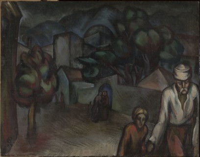 Cityscape with Figures, Roman Petrovic 1896–1947, painter; 1924; oil painting; subject: cityscape