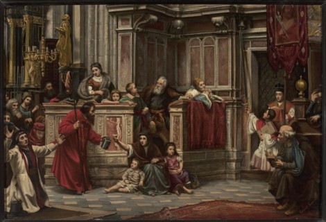 Scene in a church — Sacrifice by Edward Lepszy 1855–1932, painter; figurative church interior genre