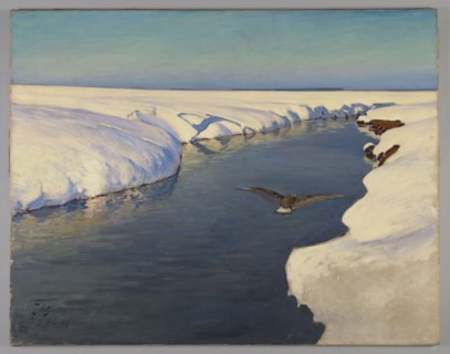 Winter Landscape with a River and a Bird, Julian Falat 1853–1929, painter., rivers, birds,