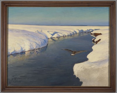 Winter Landscape with a River and a Bird, Julian Falat 1853–1929, painter. Subject: winter