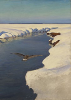 Winter Landscape with a River and a Bird, Julian Falat 1853–1929; oil painting, 1913. Subject: