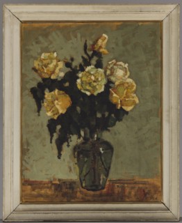 Tea roses in a green vase; Jan Bohuszewicz 1878–1935, painter; contemporary painting; flowers,