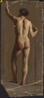 Standing male nude, back facing; Kazimierz Alchimowicz 1840–1916, painter; academic study of a male