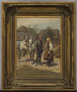 Soldier and a Peasant Girl, Stanislaw Bagienski 1876–1948, painter; 1925; oil painting; 45.5 × 35.5