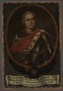 Portrait of Mikolaj Faustyn Radziwill 1688–1746, unknown Polish painter. Oval portrait surrounded