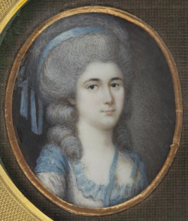 Double portrait of a woman and a man, unknown artist. Miniature, dated 1780. Woman: three-quarter