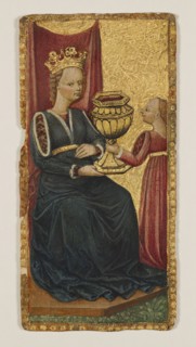 Tarocca playing card — Queen of Cups illuminated, unknown painter, Italian painting, costumes,