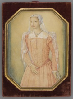 Portrait of Queen Bona after a watercolor miniature on parchment of the Flemish school, Atelier - A