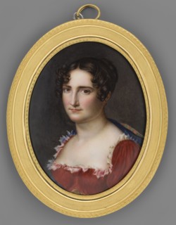 Portrait of a Young Woman in a Red Dress, unknown artist, bust three-quarters left. Dark hair with