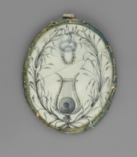 Two branches entwining an oval. Two laurel wreaths at the top, a lyre at the bottom. On the