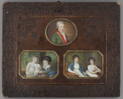 a Portrait of a man in a green tailcoat with red lapels, head of the family; b girl and boy with a