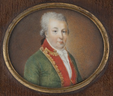 a Portrait of a man in a green tailcoat with red lapels, head of the family; b girl and boy with a