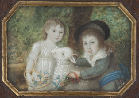 a Portrait of a man in a green tailcoat with red lapels, head of the family; b girl and boy with a
