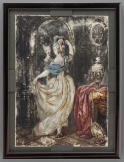 A woman looking at herself in a mirror; unknown painter. Full-figure portrait in an interior, after