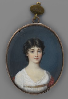 Portrait of a young girl in a white Empire-style dress, shoulder-length portrait, slightly turned