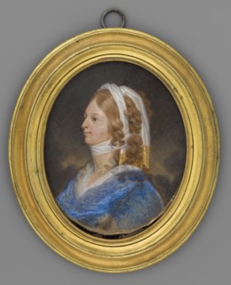 Portrait of a Young Woman. Bust 3/4 left, head almost in profile. Blond hair in long curls, tied
