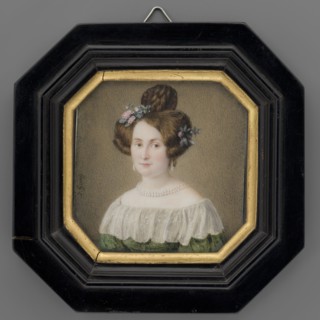 Portrait of Pastor Kraus's wife in a green dress decorated with a berta, Gauff, Johannes 1804-1858