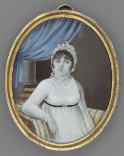 Portrait of a woman sitting in an armchair, unknown painter. Half-length, 3/4 right view; dark hair