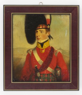 Portrait of a young soldier in Scottish costume, unknown artist. Male portrait to the waist, left;