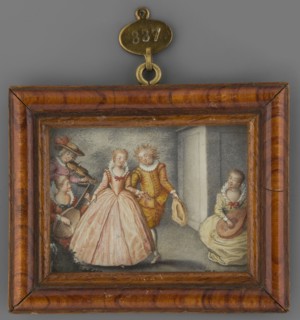 Courtly dance; unknown artist; music; costumes from the 16th century; genre scene in an interior