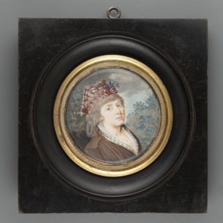 Portrait of a woman in a stylised Krakus cap. Miniature portrait en trois-quarts, bust 3/4 right,