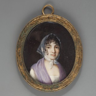Portrait of a woman in a headscarf, unknown artist. Three-quarter portrait of a woman with dark,