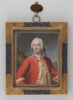 Portrait of a man in a red tailcoat, unknown painter; portrait bust, up to the waist of a man