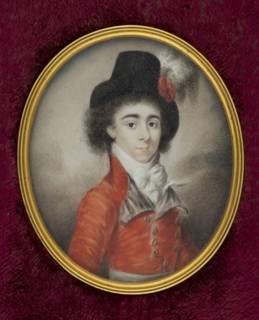 Portrait of a man in horseback riding or hunting attire. Half-length figure facing right. Black