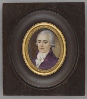 Portrait of a man in a purple tailcoat, bust three-quarters left. White wig; white cravat tied with