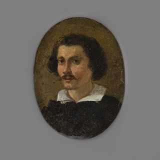 Portrait of a young man, bust three-quarters left. Lush black hair covering the ears, small