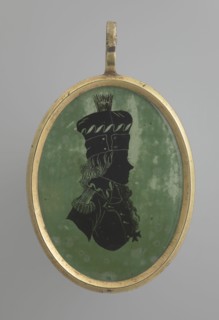 Tadeusz Kosciuszko in a general's uniform, profile silhouette. Black silhouette on a light green