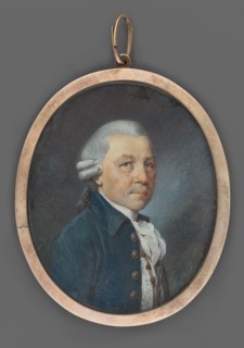 Portrait of an elderly man in a blue-green tailcoat, half-length facing right. Gray wig with two