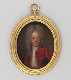 Portrait of a young man, unknown artist, applied wig with curls, frock coat and jabot, waist-length