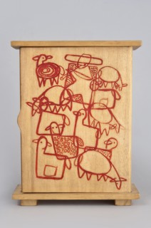 Wardrobe from a set of doll furniture, single-door wooden wardrobe with painted decoration covering