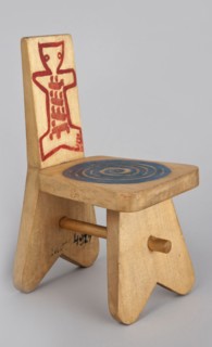 A stool-type chair from a set of doll furniture with painted decoration on the backrest schematic
