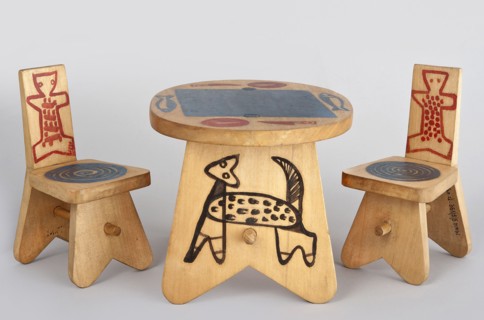 A stool-type chair from a set of doll furniture with painted decoration on the backrest schematic