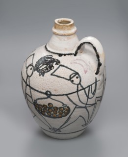 A jug with a handle with painted decoration — stylized figures of people robbers and musicians and